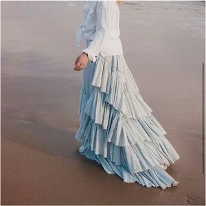 Free People Maxi Skirt Womens Medium Blue White Pinstripe Ruffle Rock The Runway